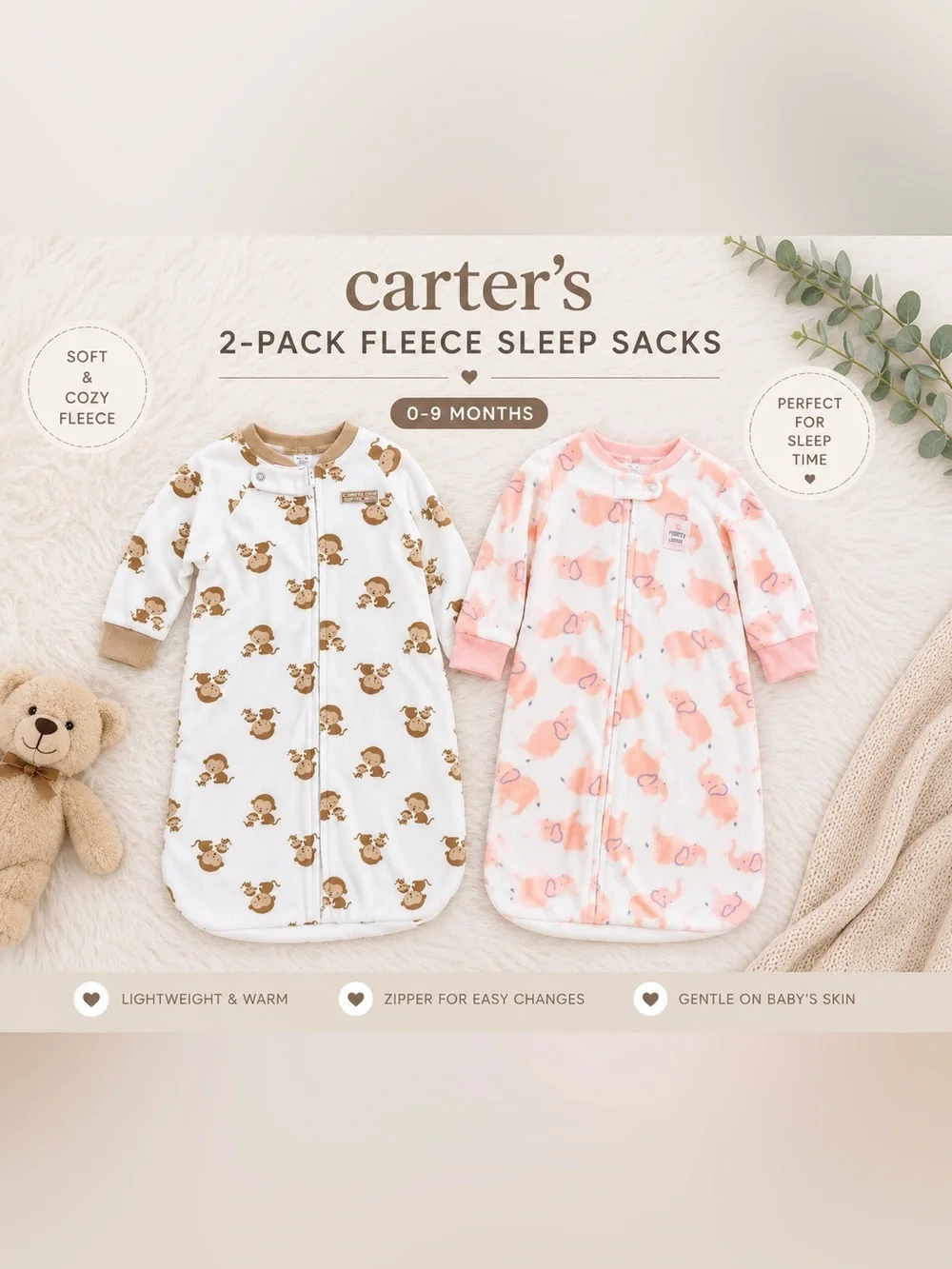 Carter’s child of mine boy girl twins 2-Pack Fleece Sleep Sacks 0-9 months